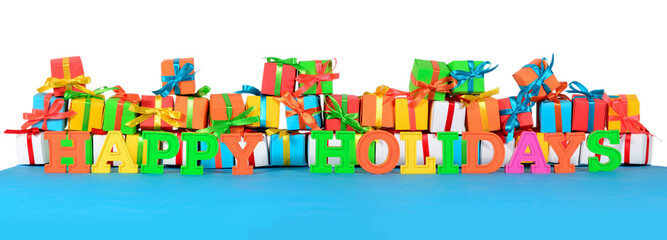 Happy holidays colorful text and varicolored gifts