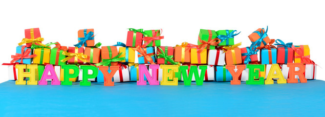 Happy New Year colorful text and varicolored gifts