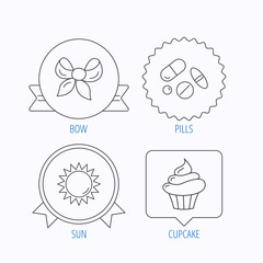 Medical pills, sun and bow-knot icons.