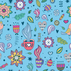 Sweet food and flowers seamless vector pattern. Cute design elements background