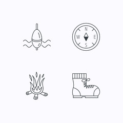 Bonfire, fishing float and hiking boots icons.