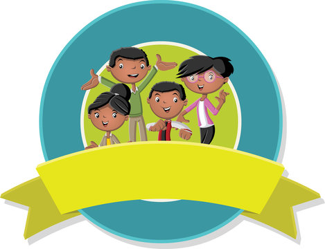 Vector banners and labels backgrounds with happy black people. Cartoon african american family. Design text ribbons. 
