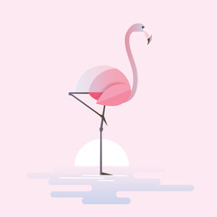 Naklejka premium Modern trendy vector illustration of a stylized pink flamingo bird standing in a lake waters on a sunrise
