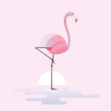 Modern trendy vector illustration of a stylized pink flamingo bird standing in a lake waters on a sunrise