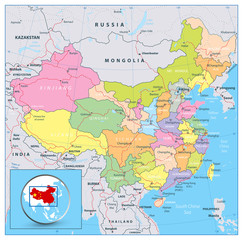 Highly detailed political map of China with roads, railroads and water objects