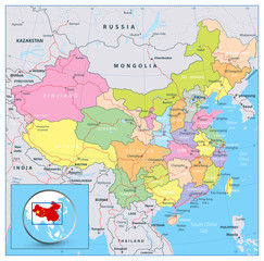 Obraz premium Highly detailed political map of China with roads, railroads and water objects