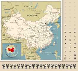 Highly detailed road map of China with roads, railroads, rivers and navigation icons