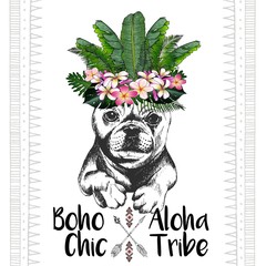 Vector close up portrait of french bulldog, wearing the exotic flower crown. Hand drawn domestic dog illustration. Tropical Hawaiian boho chic decoration, with palm leaves and flowers. Aloha tribe