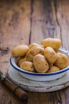 young potatoes in rustic bowl