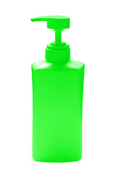green bottle with dispenser pump isolated on white background