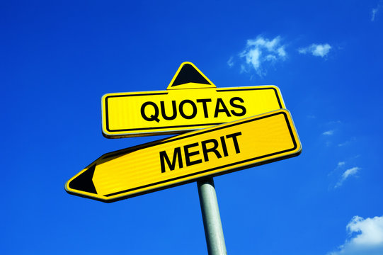 Quotas or Merit - Traffic sign with two options - recruitment based on merit or on reverse positive racial / gender / ethnic discrimination. Preventing inequality by regulations and norms