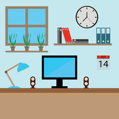 Graphic design profession workdesk with monitor books lamp pc vector illustration. Interior of Working place 