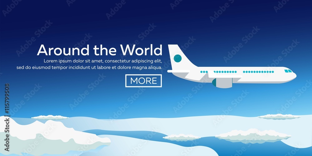 Wall mural Flat vector web banners on the theme of travel by airplane, vacation, adventure. Flight in the stratosphere. Around the World