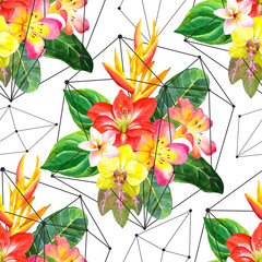 Seamless background with watercolor tropical flowers.