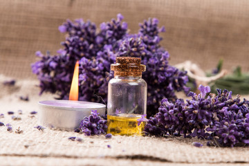 Fototapeta na wymiar spa, lavender product, oil on nature background