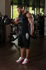 Fototapeta na wymiar Bodybuilder Exercise Biceps With Dumbbells