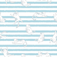 The seamless vector pattern with funny cats and stripes