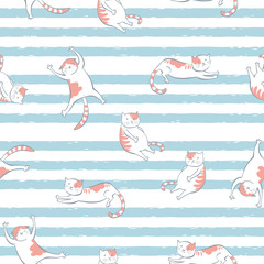 The seamless vector pattern with funny cats and stripes