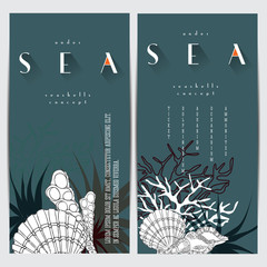 Sea life concept design, seashells vector line art composition with corals, algae and text. Coral reef graphic design card on turquoise background with sea logo. © onkachura