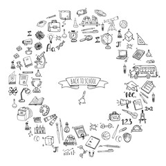 Fototapeta premium Hand drawn doodle Back to school icons set Vector illustration educational symbols collection Cartoon various learning elements: Laptop; Lunch box; Bag; Microscope; Telescope; Books; Pencil Sketch bus