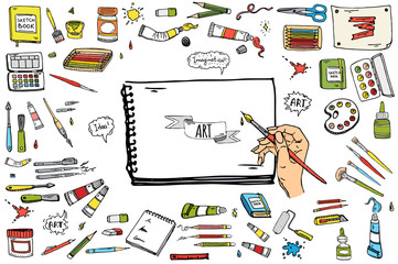 Hand drawn doodle Art and Craft tools icons set Vector illustration art instruments symbols collection Cartoon various art tools Brush Watercolor Paint Artist elements on white background Sketch