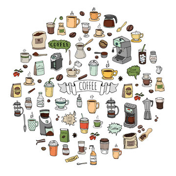 Hand drawn doodle Coffee time icon set Vector illustration isolated drink symbols collection Cartoon various beverage element: mug, cup, espresso, americano, irish, decaf, mocha, coffee making machine © natashapankina