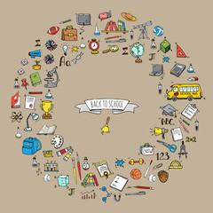Fototapeta premium Hand drawn doodle Back to school icons set Vector illustration educational symbols collection Cartoon various learning elements: Laptop; Lunch box; Bag; Microscope; Telescope; Books; Pencil Sketch bus