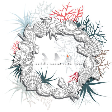 Sea Life, shell round frame concept sketch vector with algae, corals and plants, underwater life coral reef isolated on white background.