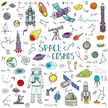 Hand drawn doodle Space and Cosmos set. Vector illustration. Universe icons. Solar system symbols collection. Rocket, Space ship, Planets, Galaxy, Milky Way, Astronaut, Tech freehand elements