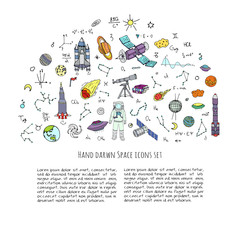 Hand drawn doodle Space and Cosmos set. Vector illustration. Universe icons. Solar system symbols collection. Rocket, Space ship, Planets, Galaxy, Milky Way, Astronaut, Tech freehand elements