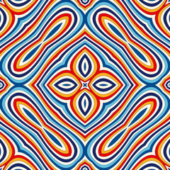 Bright ethnic abstract background. Seamless pattern with symmetric geometric ornament.