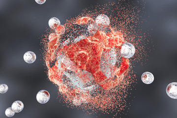 Destruction of a tumor cell by nanoparticles. 3D illustration. Can be used also to illustrate effect of drugs, medicines, microbes - obrazy, fototapety, plakaty