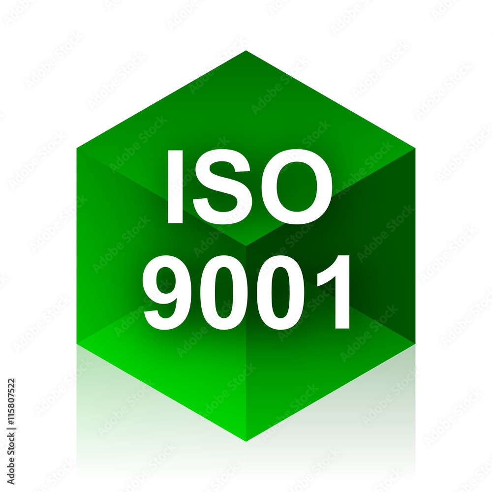 Poster iso 9001 cube icon, green modern design web element