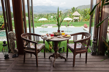 Healthy yummy breakfast with a beautiful view in hotel. Bali resort. Morning mood