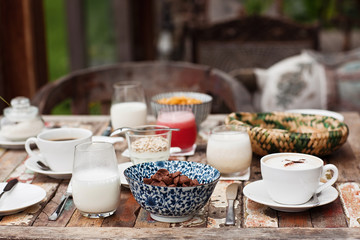 Healthy yummy breakfast with a beautiful view in hotel. Bali resort. Morning mood