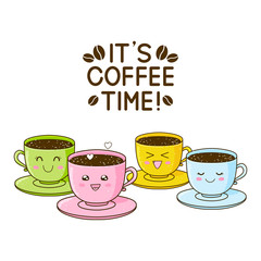 Cute cups of coffee isolated on white