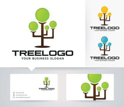 Tree vector logo with alternative colors and business card template