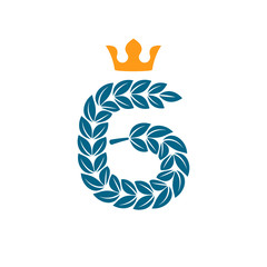 Number six logo formed by laurel wreath with crown.