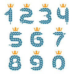 Numbers set logos formed by laurel wreath with crown.
