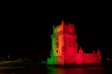 Torre de Belém em Lisboa com as cores de Portugal Campeão do Euro 2016 