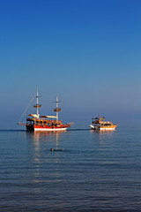 Obraz premium Turkish Gulet cruise boats in the early morning sun