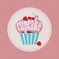 Cartoon cupcake icon, Vector illustration with colorful cupcake, polka-dot background