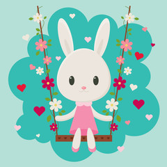 Fototapeta premium Cute cartoon bunny sitting on a floral swing