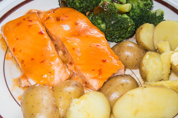 A plate of Salmon fillets, boiled potatoes and Broccoli