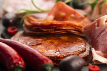 a pile of different spanish embutido, jamon, chorizo and lomo em