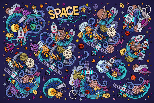 Colorful vector hand drawn doodles cartoon set of Space objects 
