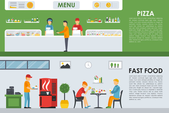 Pizza Menu and Fast Food flat concept web vector illustration. Pizzeria Bistro interior presentation.