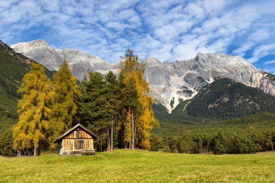 Autumn scenery of Miemenger Plateau with rocky mountains peaks in the background. Austria, Europe, Tyrol.