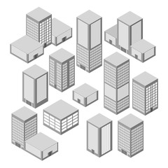 Isometric building. House icon. Set of  high-rise buildings, multistorey blocks of flats, office block.