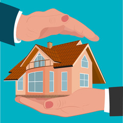 hands protecting home, insurance concept, flat design, vector illustration